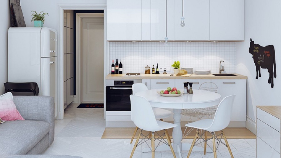 Desain Dapur dan Ruang Makan Jadi Satu Sederhana Serba Putih 